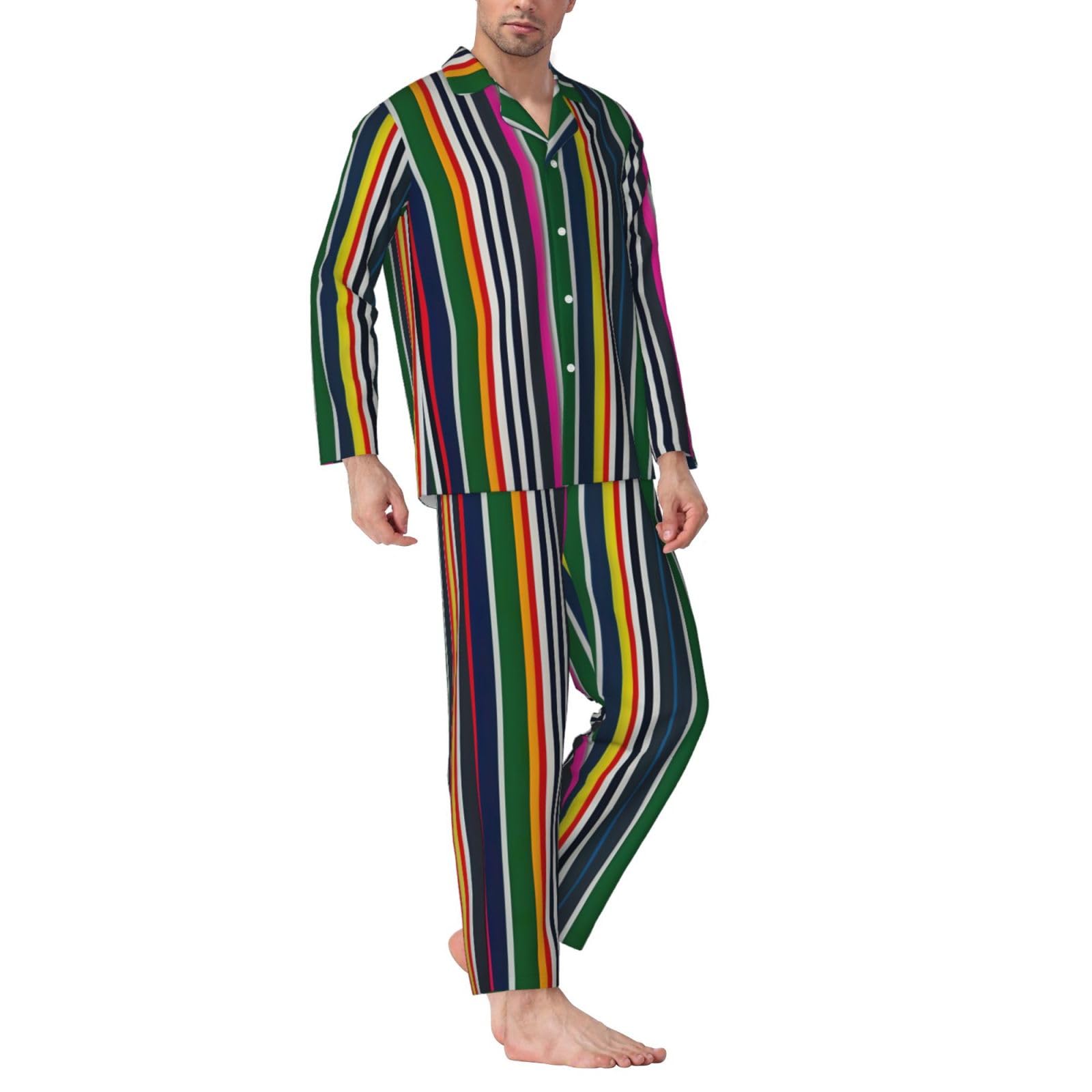 Pigiama a maniche lunghe da uomo con stampa a righe colorate Set di due pezzi traspirante accogliente Weekend Loungewear
