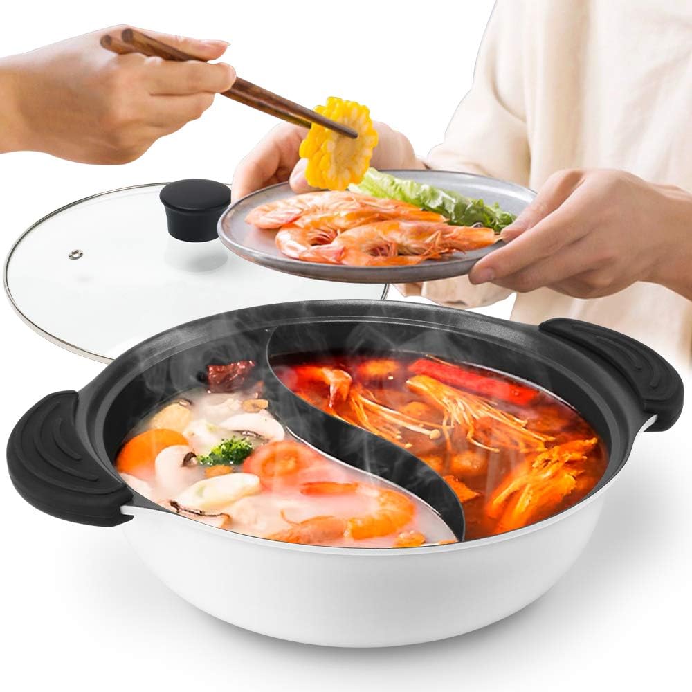 GUEQUITLEX Hot Pot with Divider Non-Stick Shabu Shabu Pot for Induction Cooktop Two-flavor Cookware for 2-3 Person