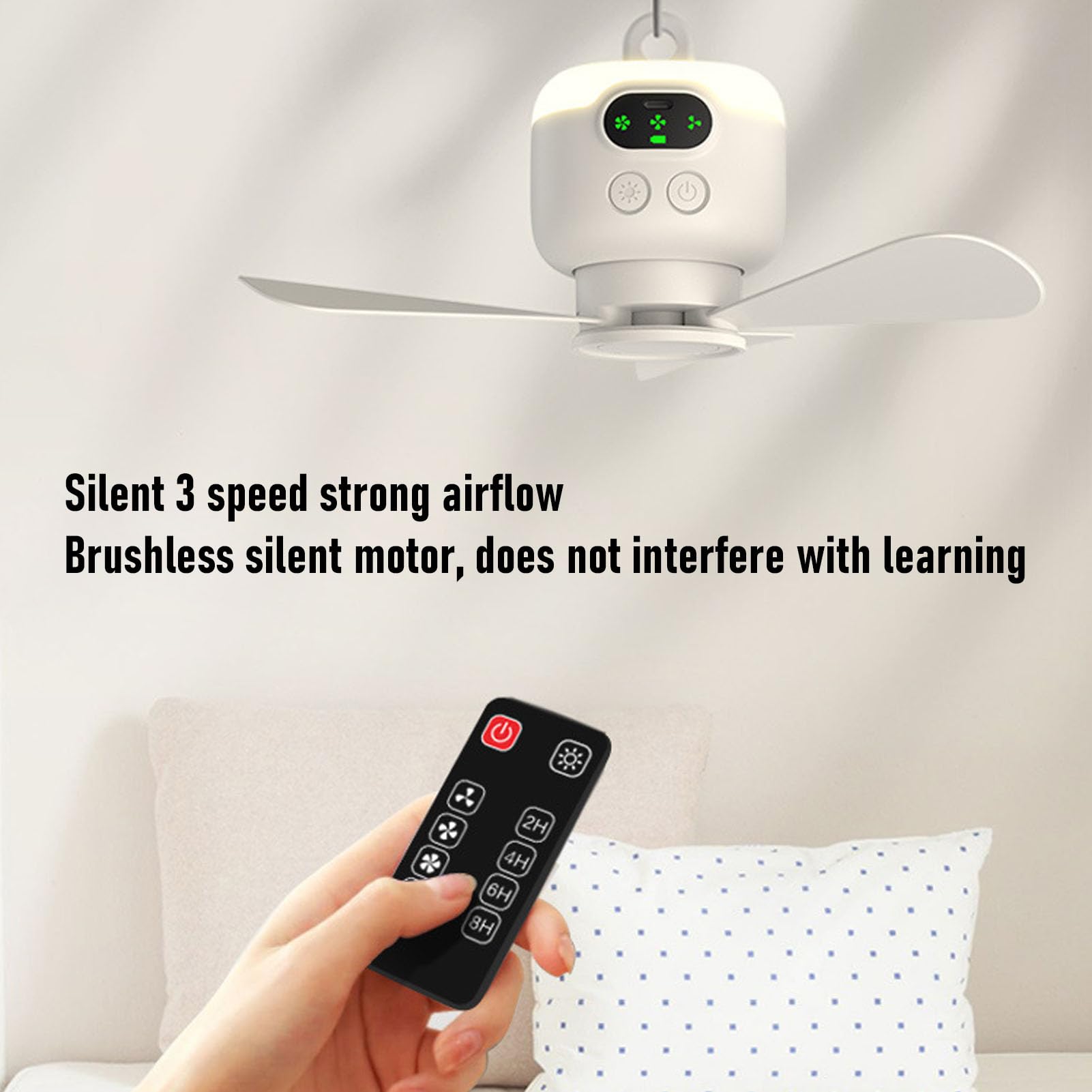 Deckenventilator mit 8000-mAh- und Fernbedienung, USB-wiederaufladbarer Hängeventilator für Zelte, Camping und Wohnmobile, 3 Geschwindigkeitsstufen, Leiser Bürstenloser Motor,