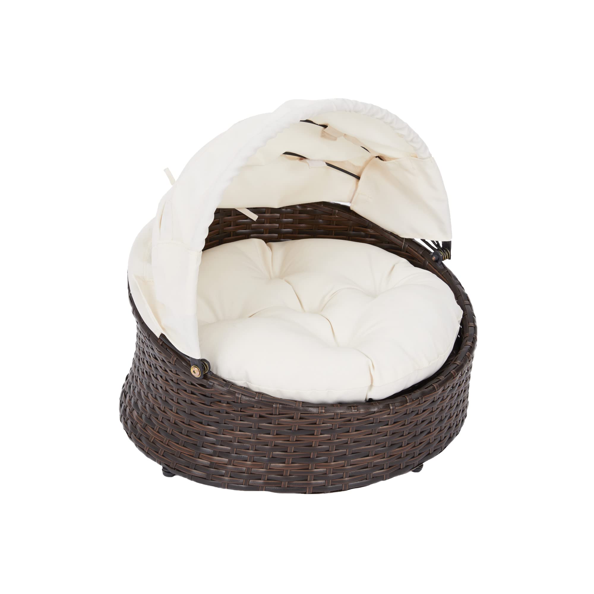 Teamson Pets Clotho Cama para Mascotas De Ratán para Interiores Y Exteriores, Sofá para Gatos o Perros Pequeños con Toldo Retráctil y Cojín Lavable Extraíble Marrón/Crema ST-N10004-UK