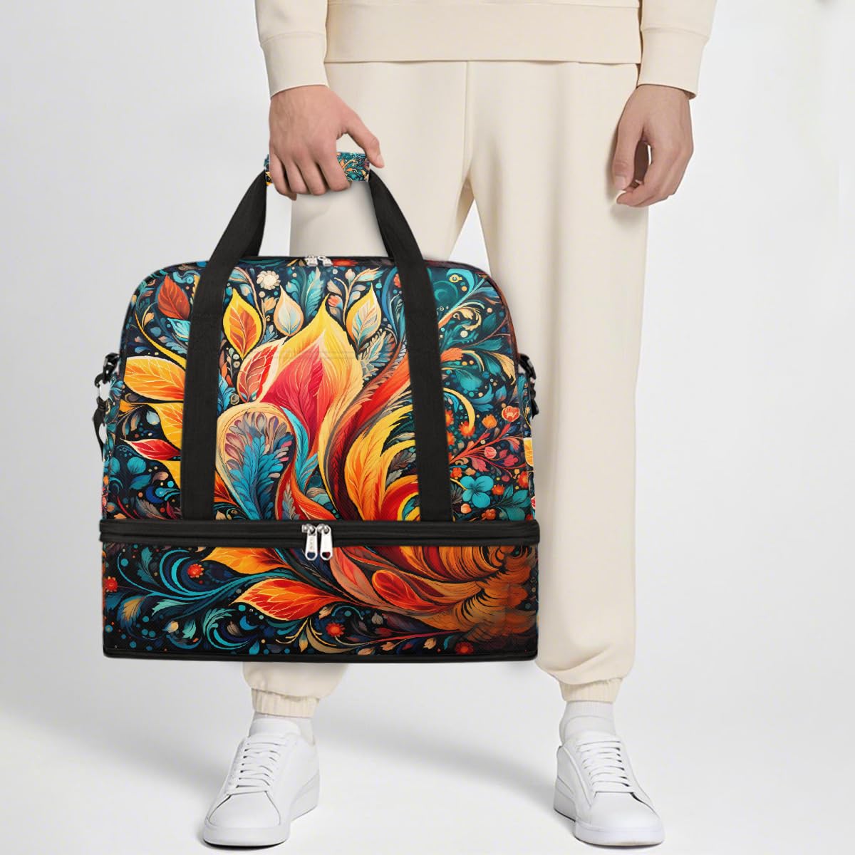 Borsone da viaggio pieghevole con motivo cachemire floreale bohémien, borsa da palestra espandibile con scomparto per scarpe, borsa da weekend di grande capacità, borsa da viaggio, sport, viaggi