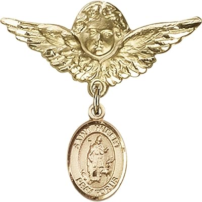14kt Yellow Gold Baby Badge with St. Hubert of Liege Charm and Angel w/Wings Badge Pin 1 1/8 X 1 1/8 inches