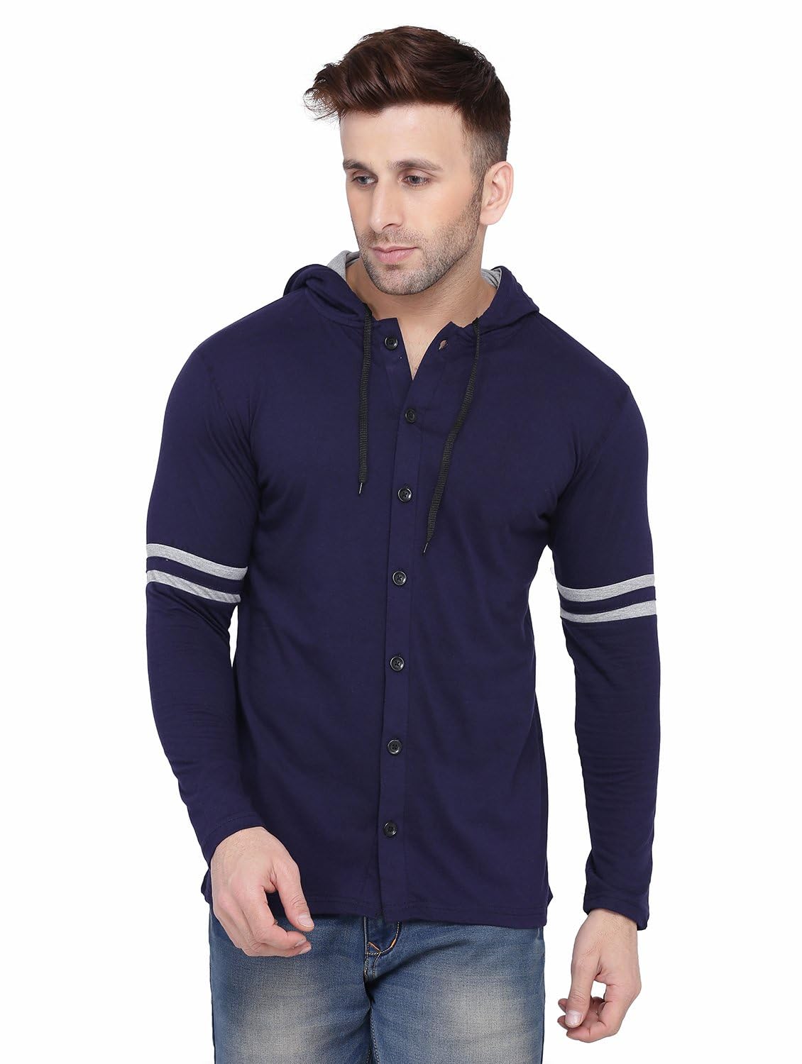 Blisstone Men’s Full Sleeve Hooded T-Shirt with Button Closure & Contrast Striped Sleeves | Stylish Cotton Blend Hoodie for Casual & Sportswear Dark Blue Blisstone Men’s Full Sleeve Hooded T-Shirt with Button Closure & Contrast Striped Sleeves | Stylish Cotton Blend Hoodie for Casual & Sportswear Dark Blue