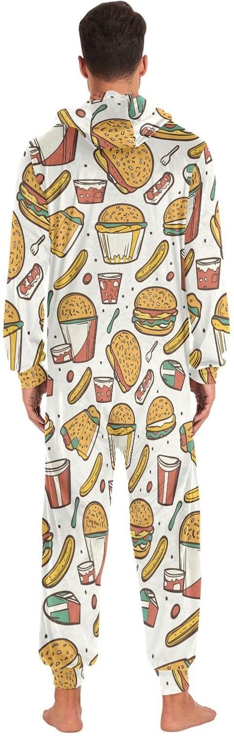 ZZKKO Fast Food Hamburger Adult Onesie Pajamas for Women Men Cozy One Piece Pajamas Costume Zip-Up Hooded S-XL