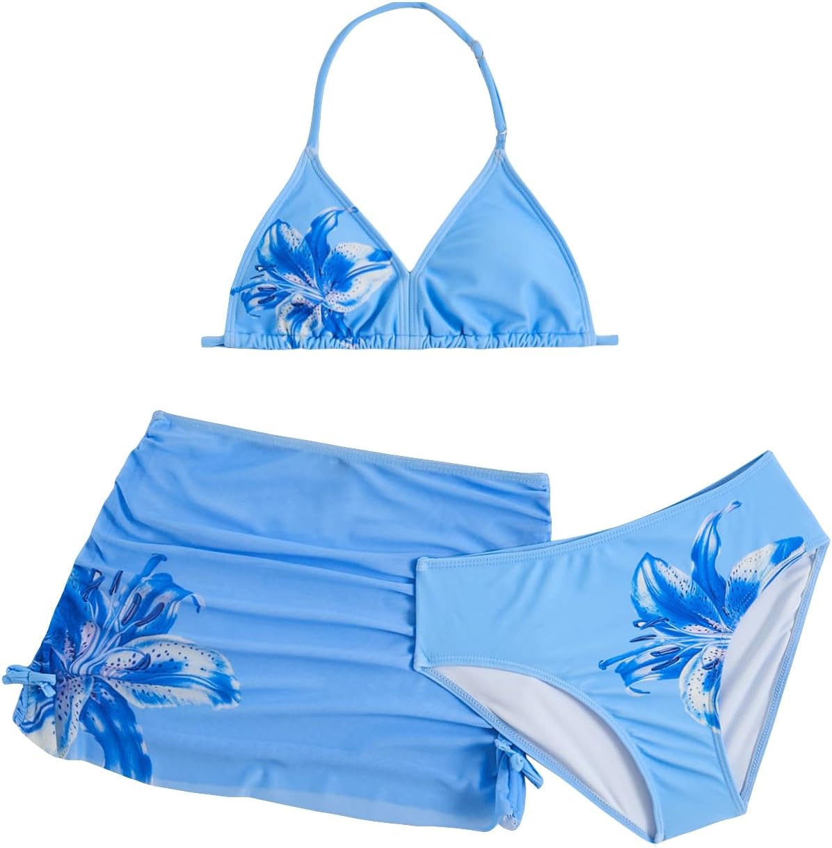RoseSeek Girl's 3 Piece Cute Bowknot Bathing Suit Halter Triangle High Waisted Swimsuit with Beach Cover Up Skirt