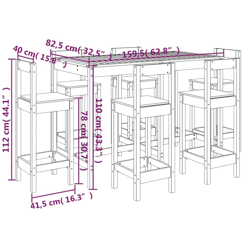 vidaXL Set de Mesa y taburetes Altos jardín 7 pzas Madera Maciza Pino, Juego de Bar para jardín, Muebles de Pub, Muebles de jardín, Muebles de Bar