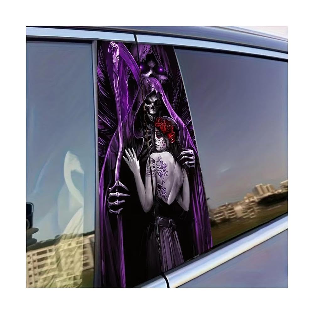 Auto Accessory 2pcs Car Center Pillar Sticker Grim Reaper Embracing Sugar Skull Woman Glossy Protective Polyethylene Film
