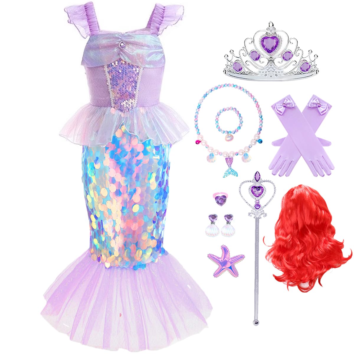 Snyemio Vestido de Sirenita Niña Princesa Sirena Ariel Disfraz con Accesorios para Carnaval Cumpleaños Halloween Navidad