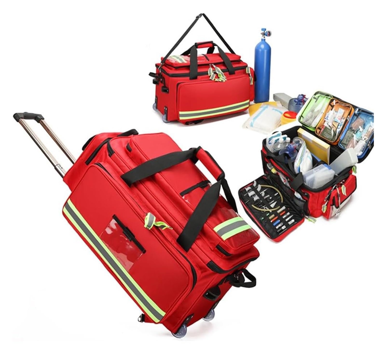 Maletín médico con ruedas y carrito desmontable, gran capacidad, interior multibolsillos, patas antideslizantes, bandas reflectantes, color rojo, botiquín de primeros auxilios portátil.