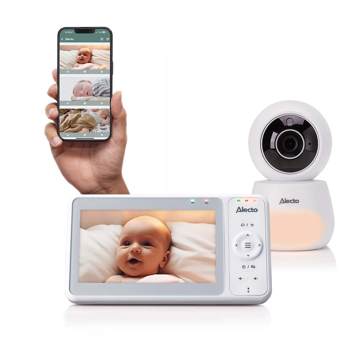 Alecto DVM2060 - Babyphone Dual Mode con fotocamera e app - Display a colori da 5" - Full HD (1080p) - Fotocamera controllabile a distanza con zoom digitale fino a 10x - Bianco
