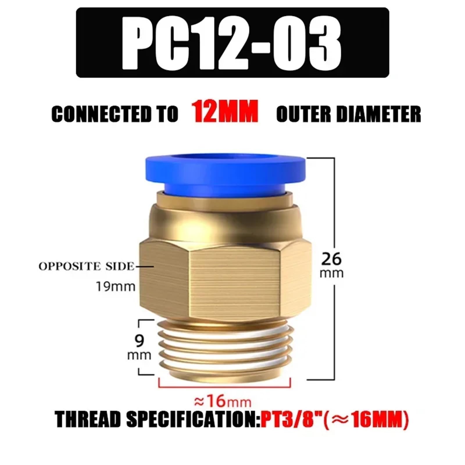 Conectores neumáticos de aire (10/50 unidades, PC, 4 mm, 6 mm, 8 mm, 10 mm, 12 mm, rosca de 1/8", 1/4", 3/8" y 1/2") for mangueras y tuberías.(PC12-03,50 PCS)