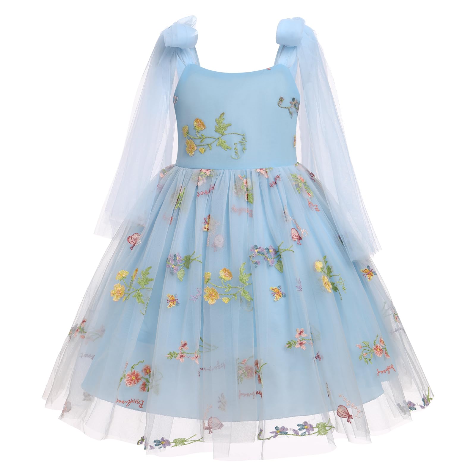 ABEHIK Robe de Fête d'anniversaire pour Enfants Filles Été avec Bretelles Spaghetti Broderie Floral Ruffle Tulle Poncho Wedding Dress