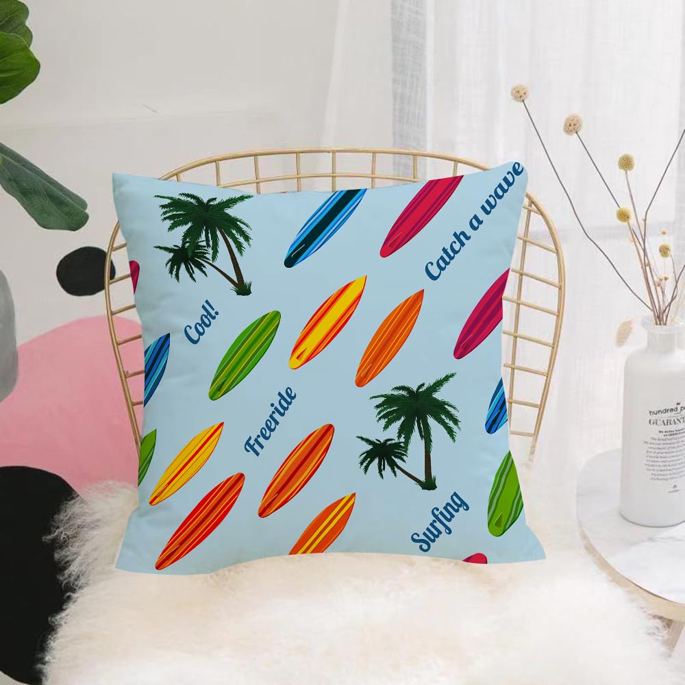 HYOSXW Cushion Cover,Throw Pillow Case Home Decorative for Living Room Bedroom Sofa Chair 16X16 Inch,Colorful, surfboard, beach patterntwined with coconut trees,Pillowcase 40X40cm