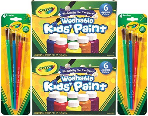 Crayola Washable Kids Paint, 6 Assorted Colors, 2 Oz Each (Pack of 2) Total 12 Bottles + Bonus 8 Crayola Paint Brushes