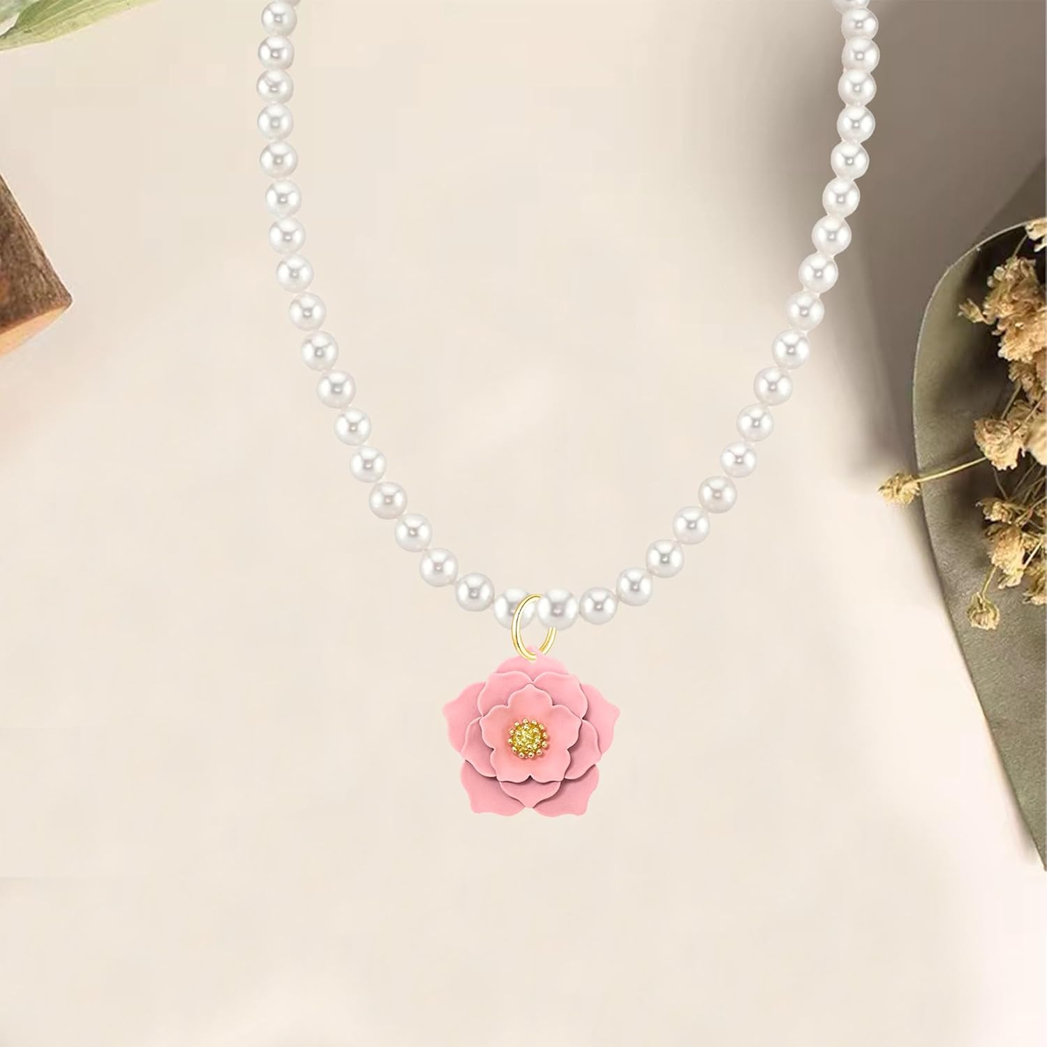 Pearl Necklace Blossm Flower Pearl Pendant Floral Charm Pink Flower Wedding Jewelry for Women - Image 7