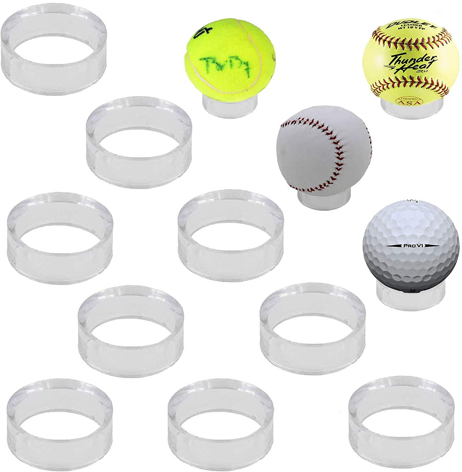 Baseball Stand Display, Ball Holder, 10 Pack, Clear, 1-1/2 inch, Acrylic, Sphere, Balls Case, for Golf Ball, Tennis, Softballs and Marble Eggs, Round Pedestal Rack, Beveled Ring - no Ball