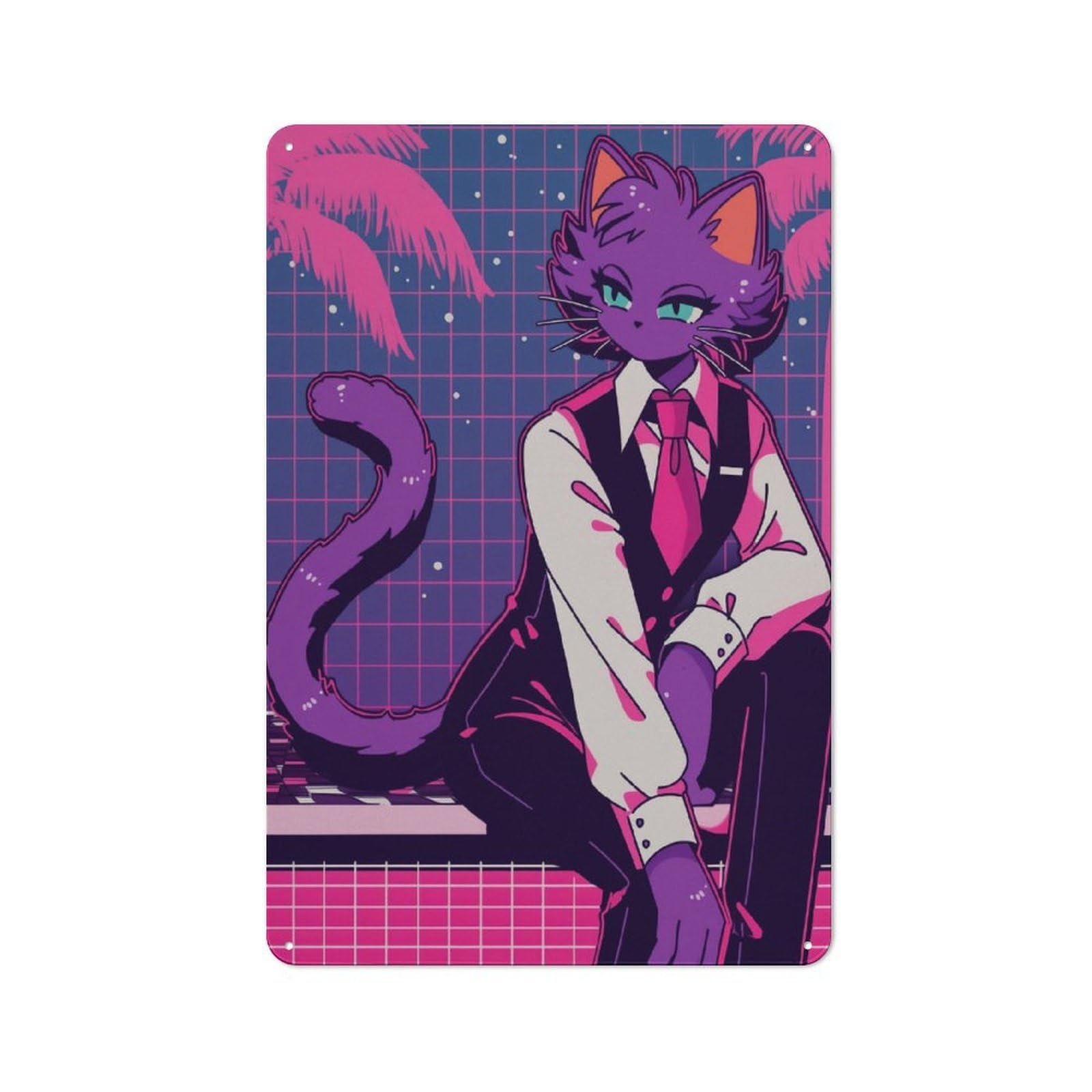 Junmoney Style-21 Tin Wall Plaque 30X20cm With Cat In Suit, Retro Style For Garage Wall, For People Furnishing A Garage, For Retro Home Interiors
