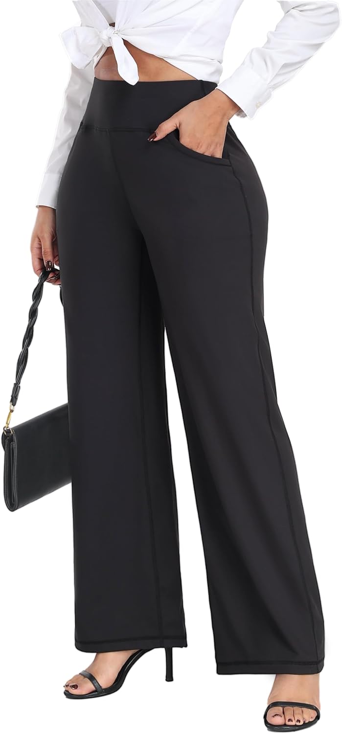 High Waisted Loose Wide Leg Yoga Pants for Women with Pockets Stretchy Work Casual Pants