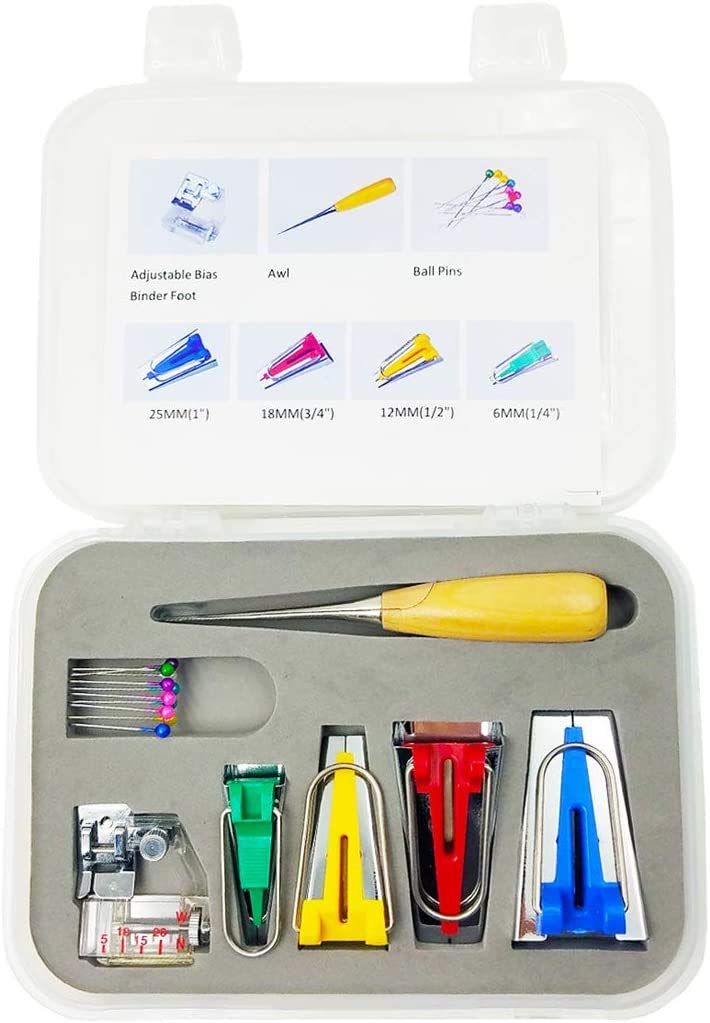 Ancllo Fabric Bias Tape Makers Kit With Sewing Awl, Bead Needles, Adjustable Binder Clip, Foot Press -Practical Bias Tape Maker Set