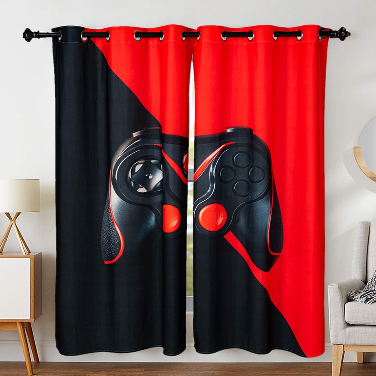 AILONEN Gamer Curtains for Boys Bedroom Kids Gamepad Window Curtain,Video Games Window Treatment Drapes Black and Red Decor Grommet Curtains 2 Panels Set Curtain4 54"W x 76"L (Pack of 2)