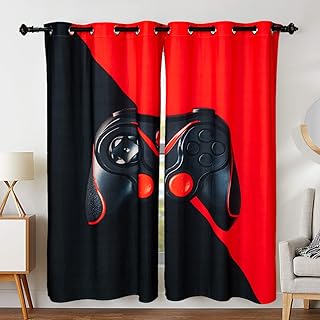 AILONEN Gamer Curtains for Boys Bedroom Kids Gamepad Window Curtain,Video Games Window Treatment Drapes Black and Red Decor Grommet Curtains 2 Panels Set