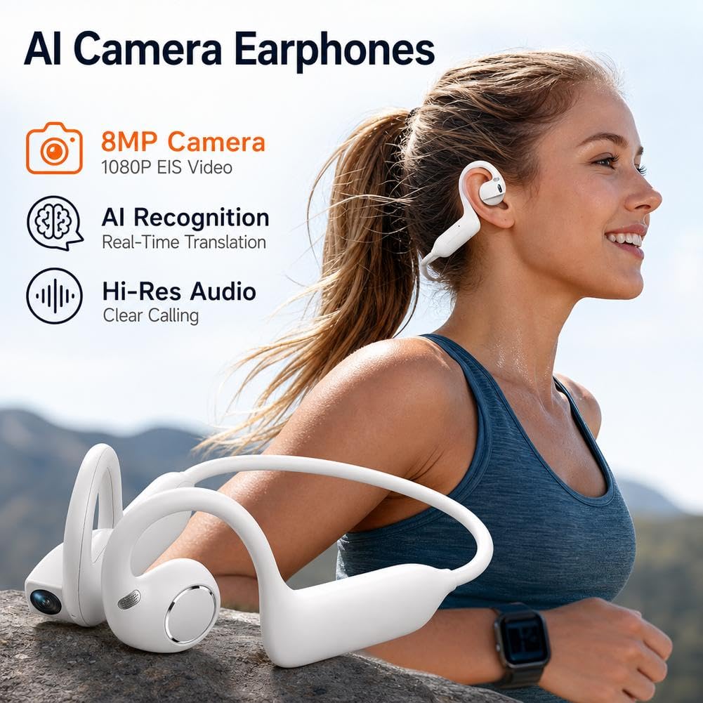 Cuffie E12 a conduzione ossea con fotocamera, orecchio aperto, vestibilità comoda, Hi-Fi, 8 MP Smart Camera Open-Ear Headset, POVCamera vivavoce, traduzione AI e conversazione intelligente, auricolari