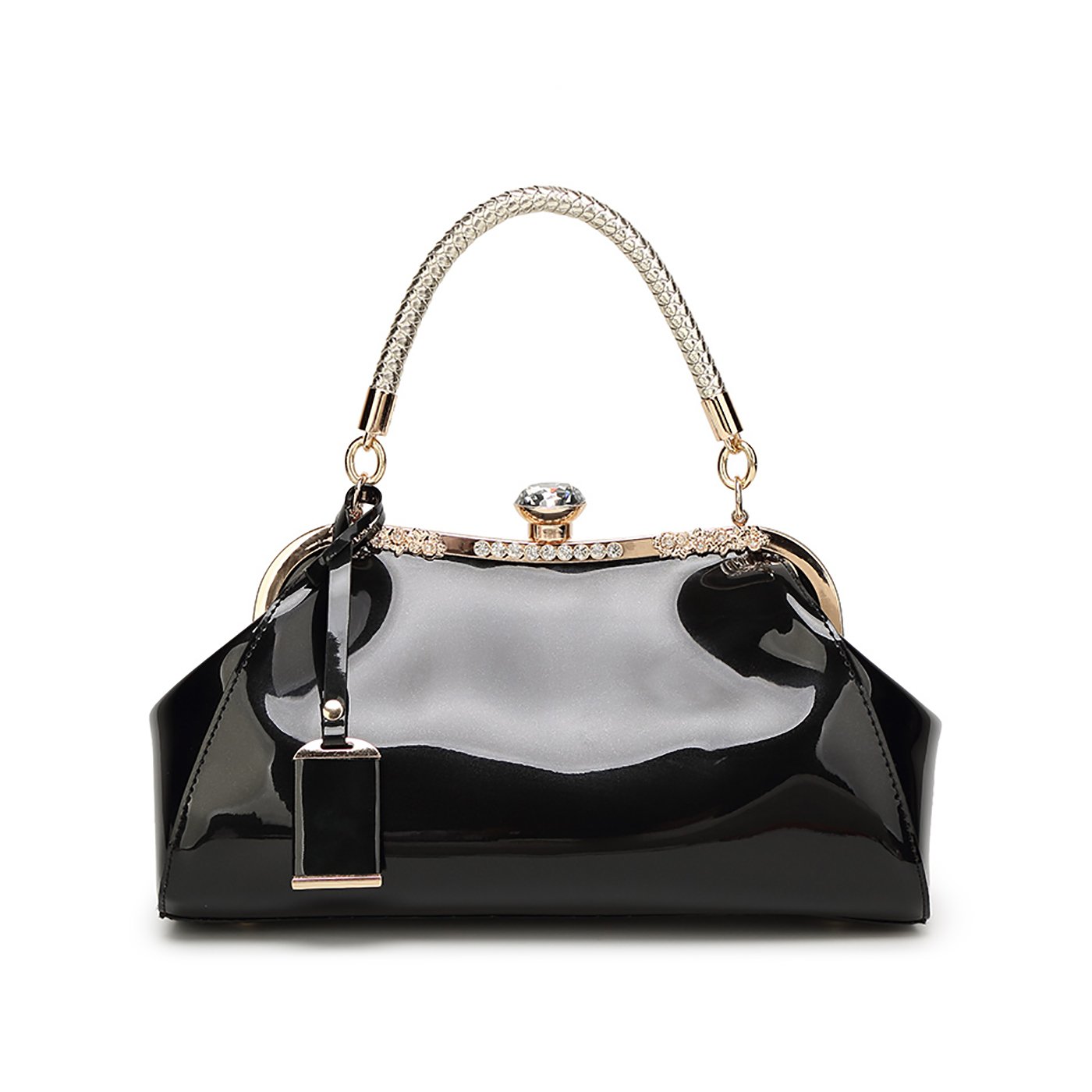 Borsa a mano con Tracolla Manico Intrecciata da Donna in Vernice PU per Signora Nero