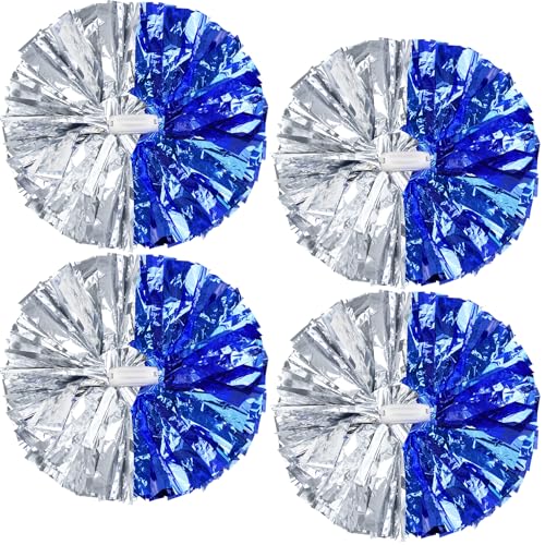 4Pcs Upgraded 12inch Metallic Cheerleading Pom Poms, HOLENGS Cheerleader Pompoms Cheer Poms for Kids Adults, Cheering Squad Pompoms for School Sports Games Dance Party (Blue + Silver)