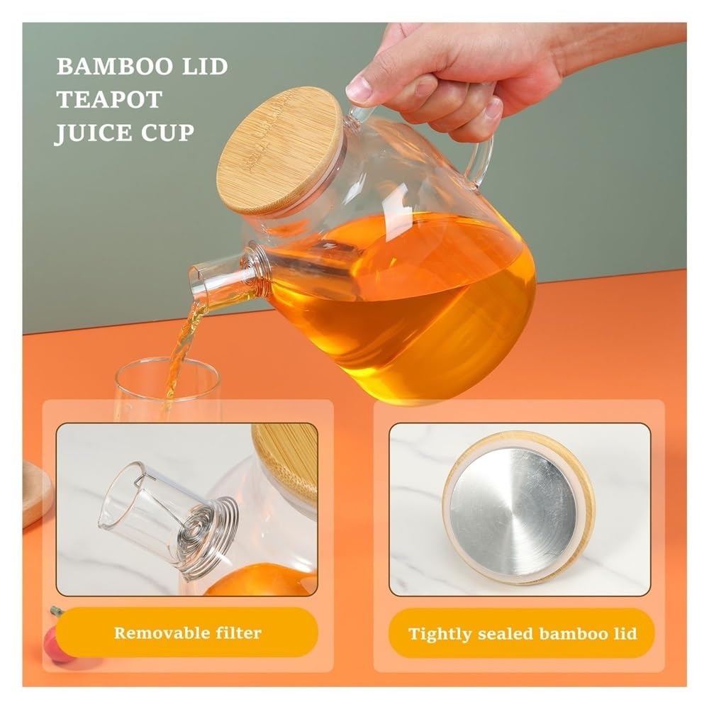 Jarra de agua Jarra de vidrio con tapa de bambú, 1800 ml, resistente al calor, con asa, ideal for bebidas frías y calientes Olla de vidrio
