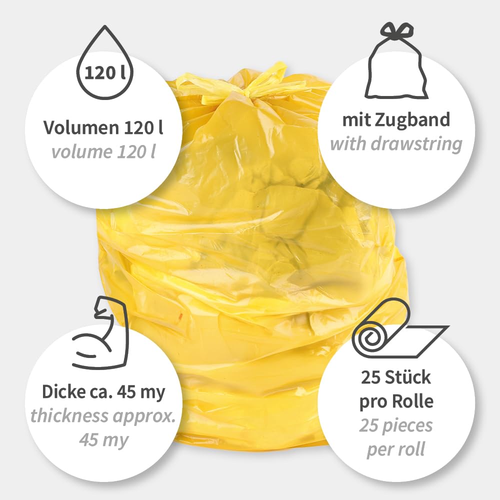 150 Stück, Müllsäcke, FRANZ MENSCH, 120 l, gelb, Zugband, LDPE, 45my, Rolle | 110 x 70 cm, recycelt, stabil, reißfest, Müllbeutel, Mülltüten, trash bags, für Mülltonnen, Garten