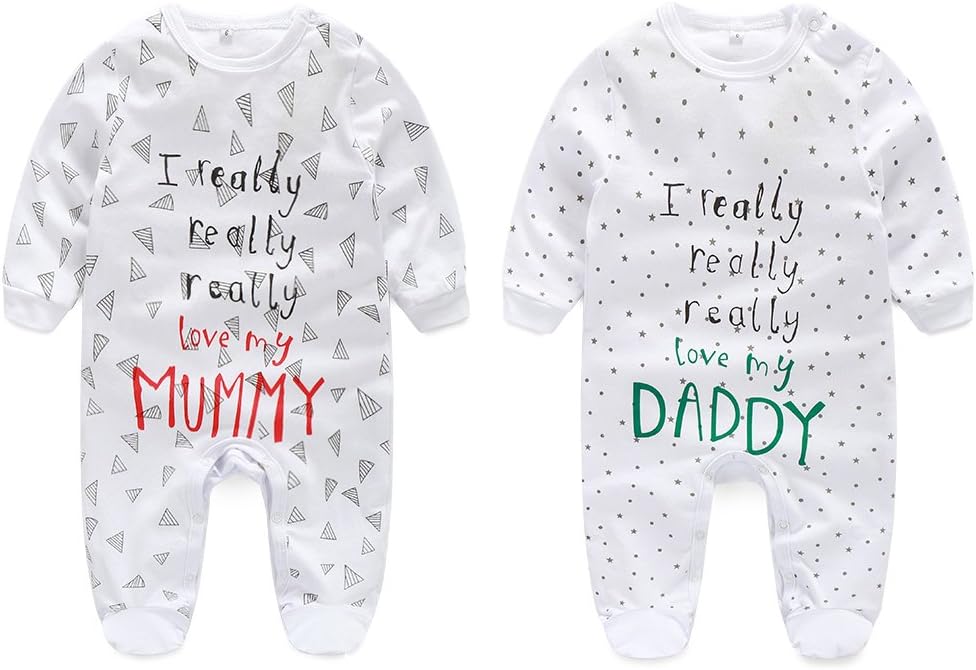 AOMOMO Unisex Baby Footie Pajama, Pack of 2 I Love Daddy and Mummy Print Long Sleeve Footie Sleepwear