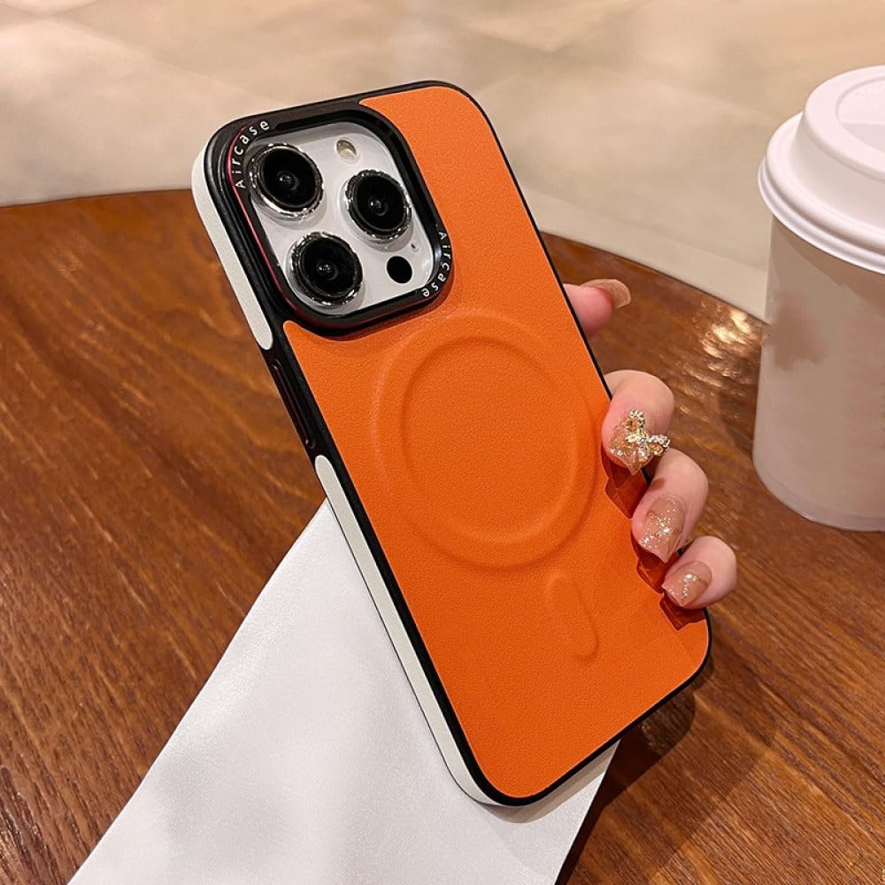 Coque magnétique antichoc orange pour iPhone 14 Pro Max protégeant le cuir - 6