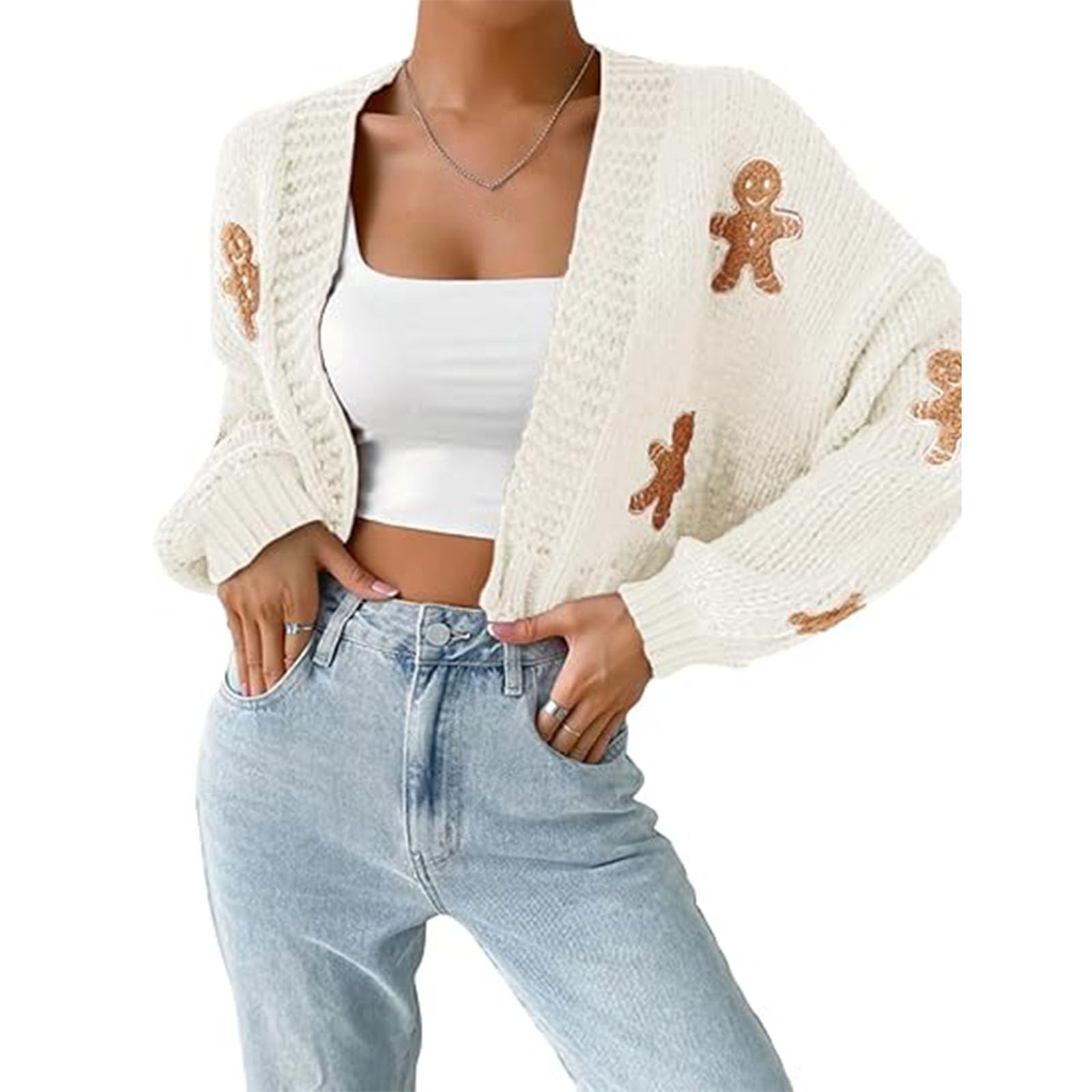 Womens Gingerbread Man Cardigan Christmas Cartoon Print Drop Shoulder Cardigan Long Sleeve Christmas Holiday Sweater