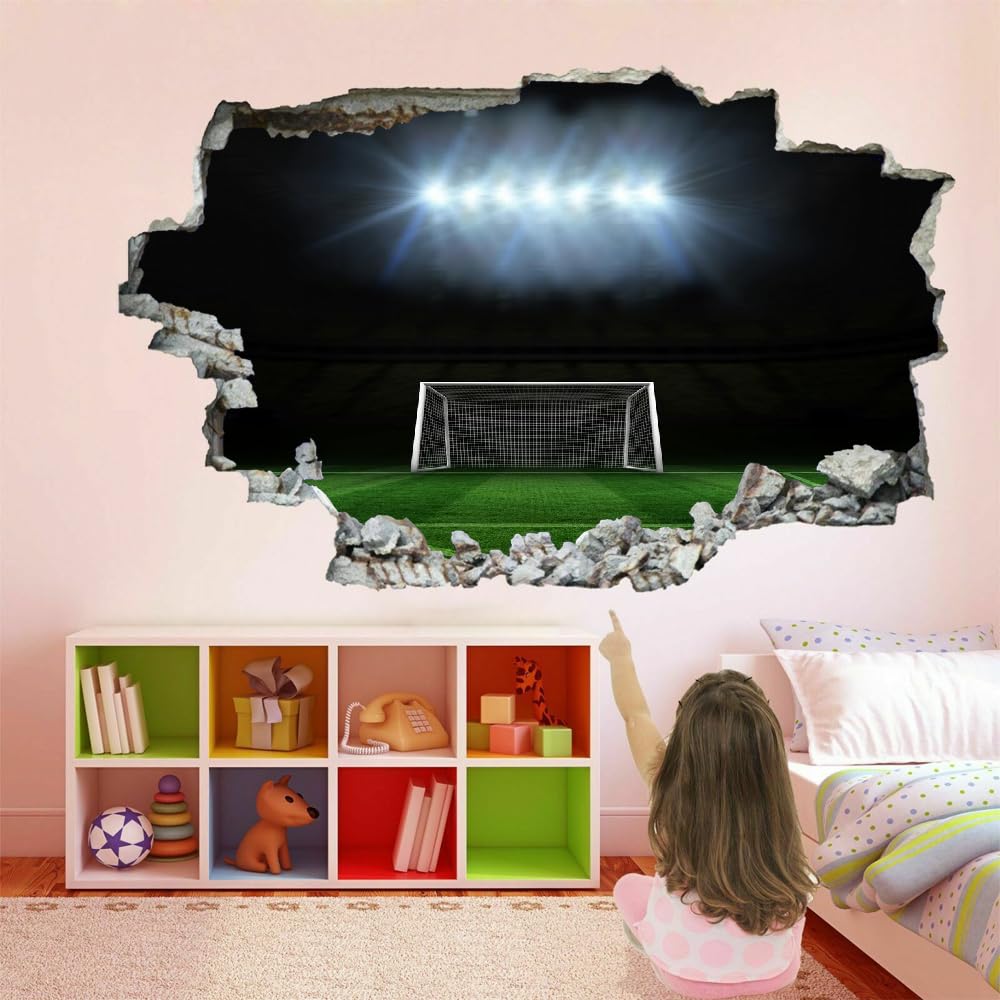 Adesivi Murali Murales Fracassati 3D Campo Da Calcio Decalcomanie Per Pavimenti In Impermeabile Art Gli Sport Per La Camera Da Letto, La Decorazione Della Parete Della Scuola Materna 120x80cm