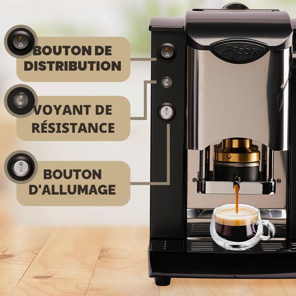 FABER COFFEE MACHINES | Modèle avec emplacement à encastrer en acier inoxydable | Machine à café de 44 mm | Couleur bourgogne en plastique noir | Presse à dosettes en laiton (Noir/Noir)