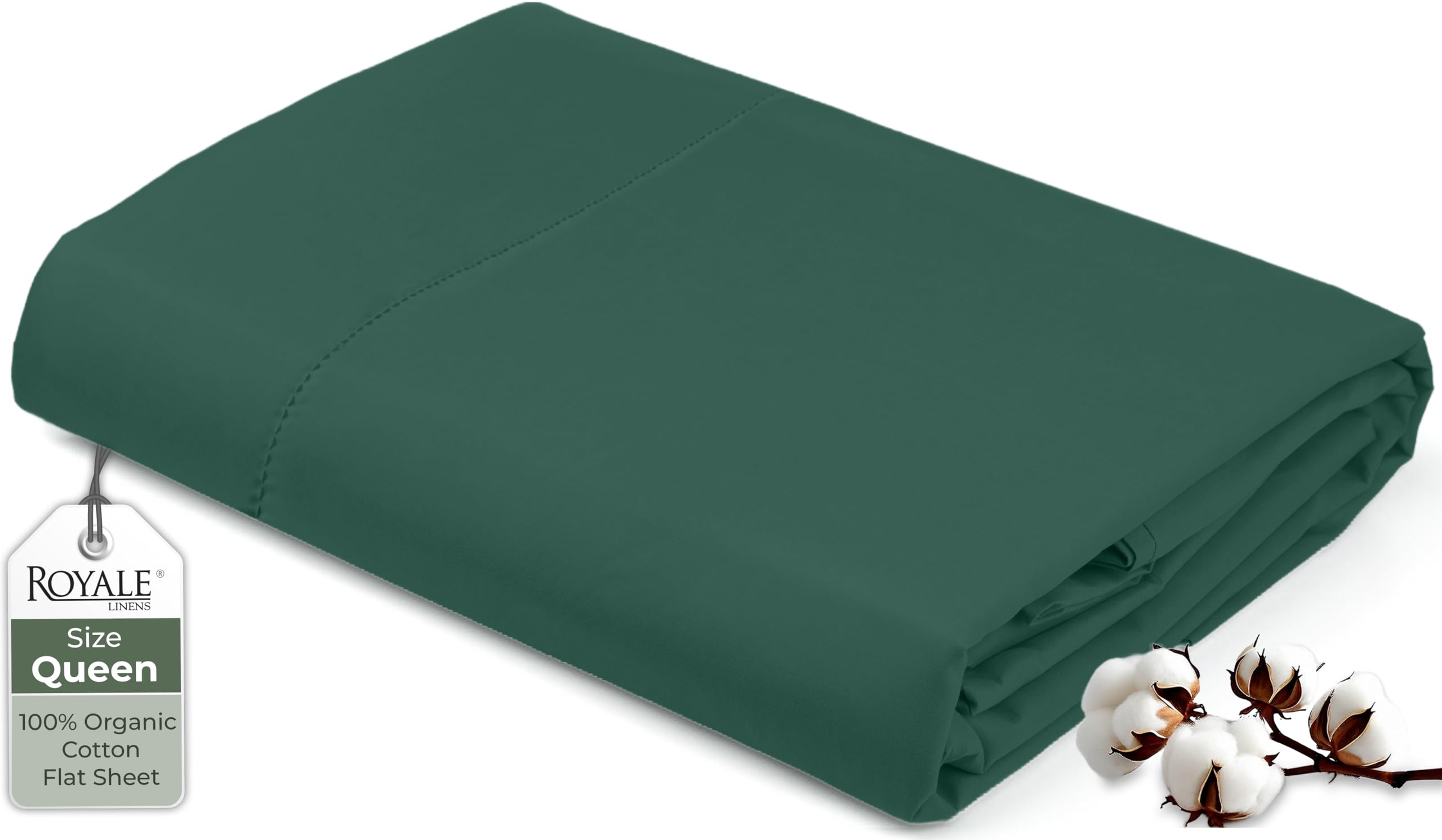 Royale Linens Hunter Green 100% Organic Cotton Queen Flat Sheet Only - Super Soft - Percale Top Sheets - Queen Flat Sheet Sold Separately - Breathable, Cool & Crisp Sheets Only (90" X 102", )