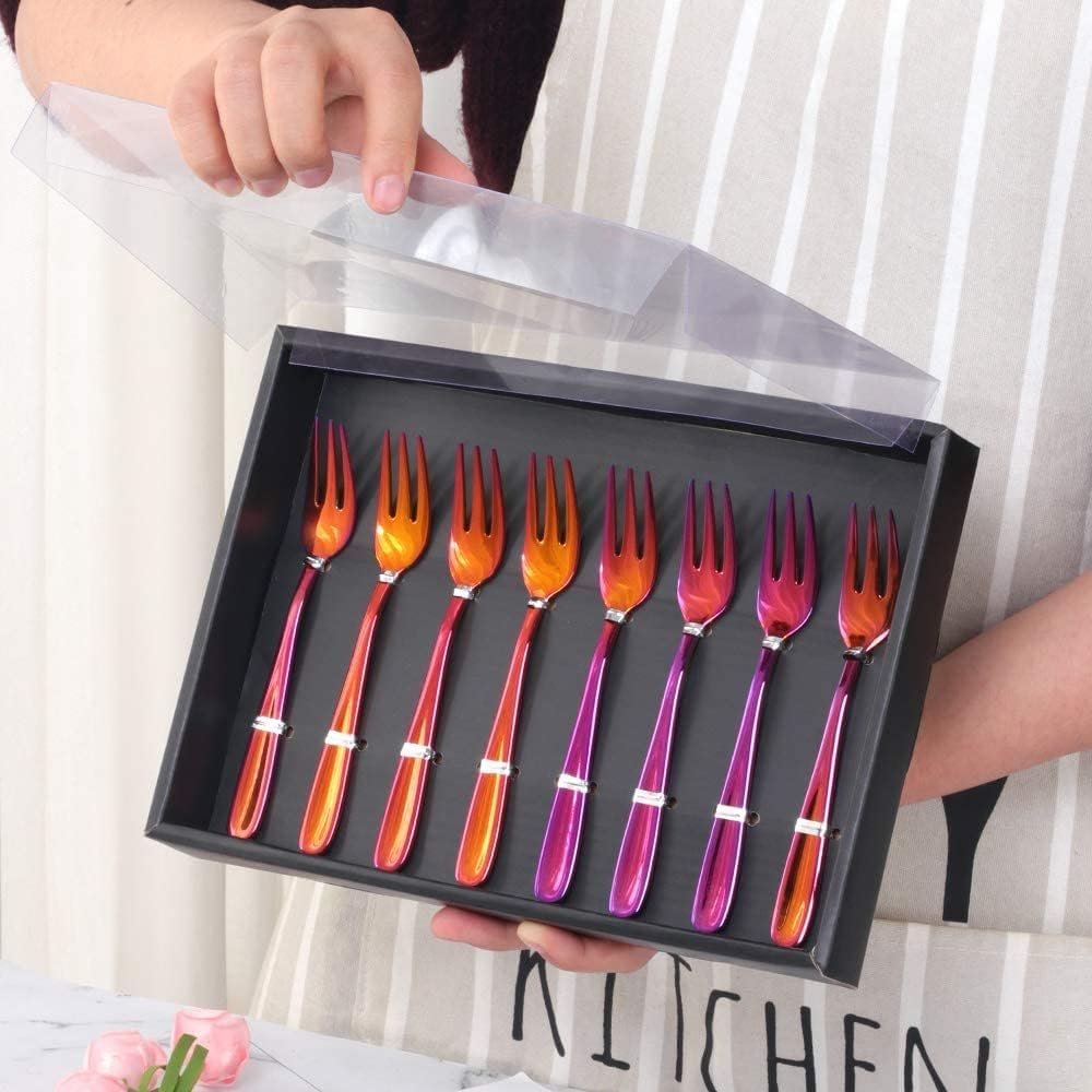 Buyer Star Dessert Pastry Forks, 18/10 Stainless Steel Cake Forks Rainbow Red Fruits Forks Set of 8, 5.4 Inch Small Salad Forks Appetizer Forks with Black Gift Box, Dishwasher Safe