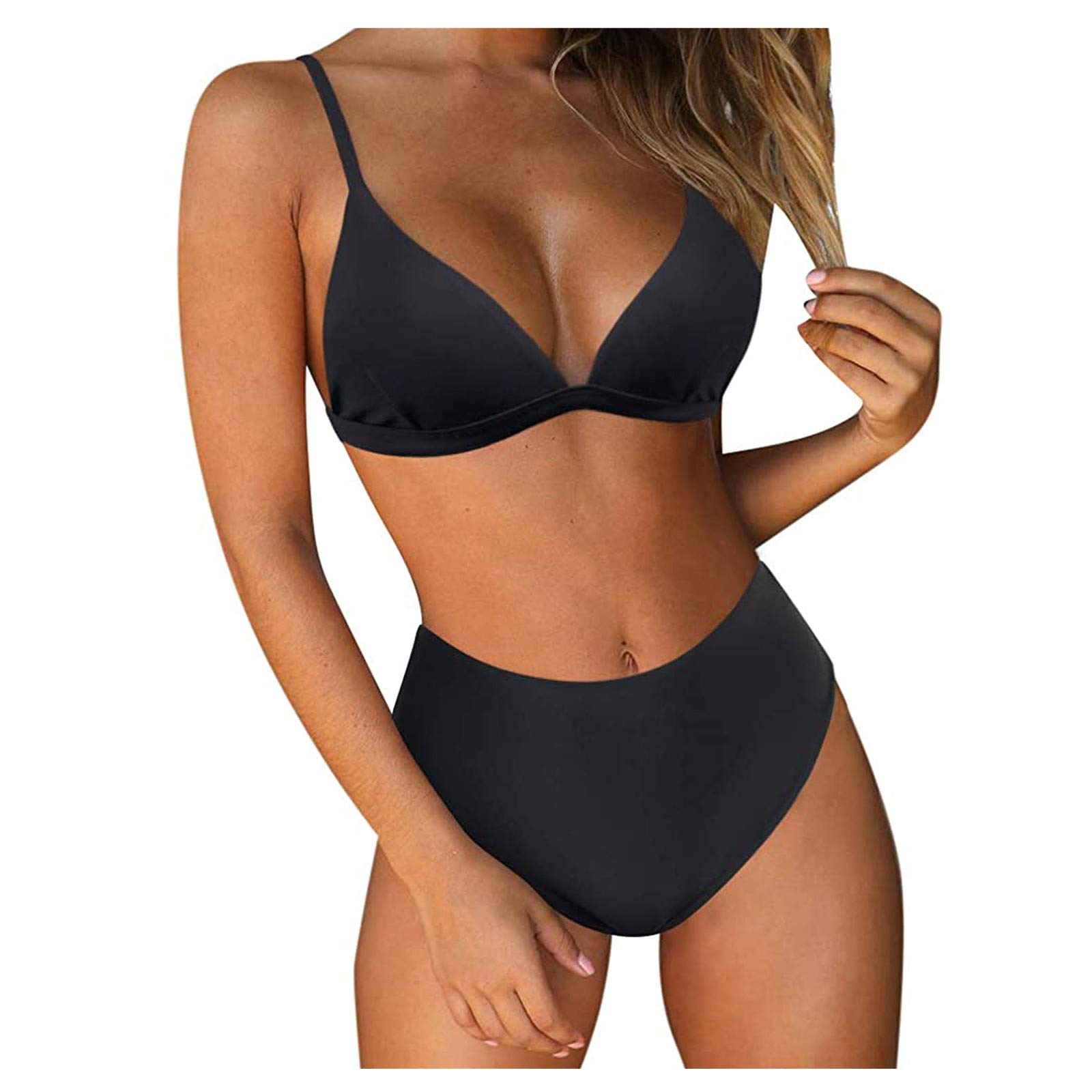 Mjjsk Bikinis Brasileños Mujer Talle Alto, 2022 Bikini Push Up Mujer Playa Bañador con Relleno de Color Sólido Sexy Traje de Baño Mujer Ropa de Baño de Dos Piezas Verano (X-Large, Negro)
