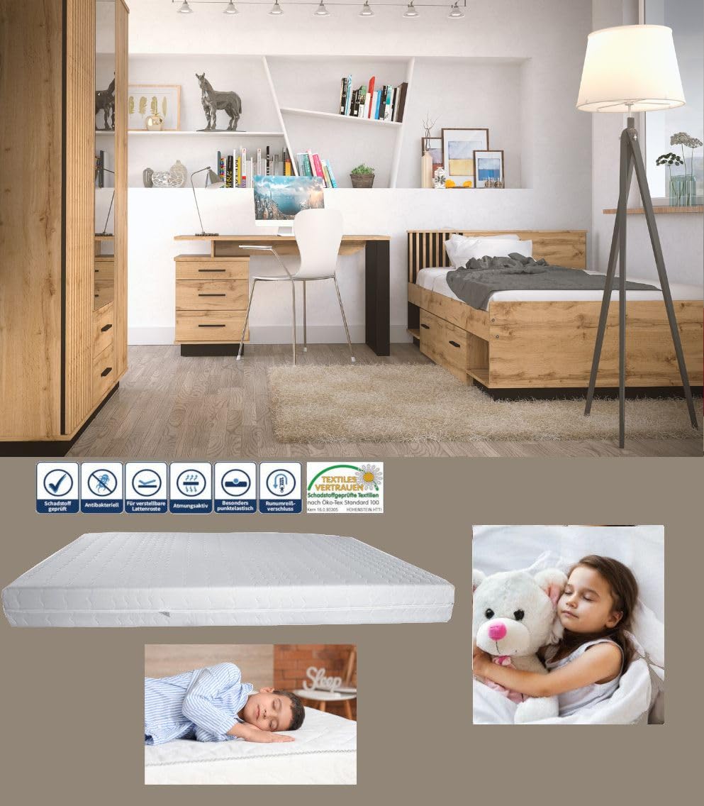 Jugendzimmer Lamelo – Kinderzimmer Komplett Set in Eiche Wotan & Schwarz Matt, optional mit 7-Zonen-Kaltschaummatratze - Verschiedene Set Varianten (3 teilig)