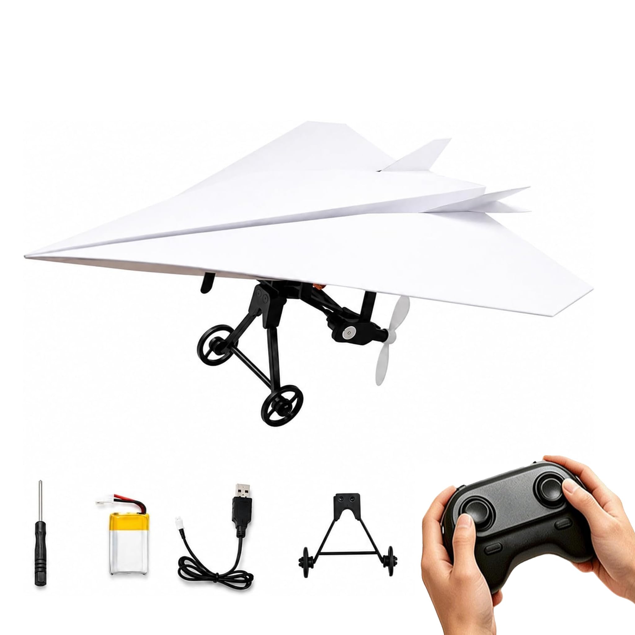 RC Paper Airplane Kit, DIY Electric Remote Control Plane with Gyro Stabilizer & Dual Propellers, Lightweight Foldable Flying STEM Toy for Adults Kids Beginners (Single Battery Model)