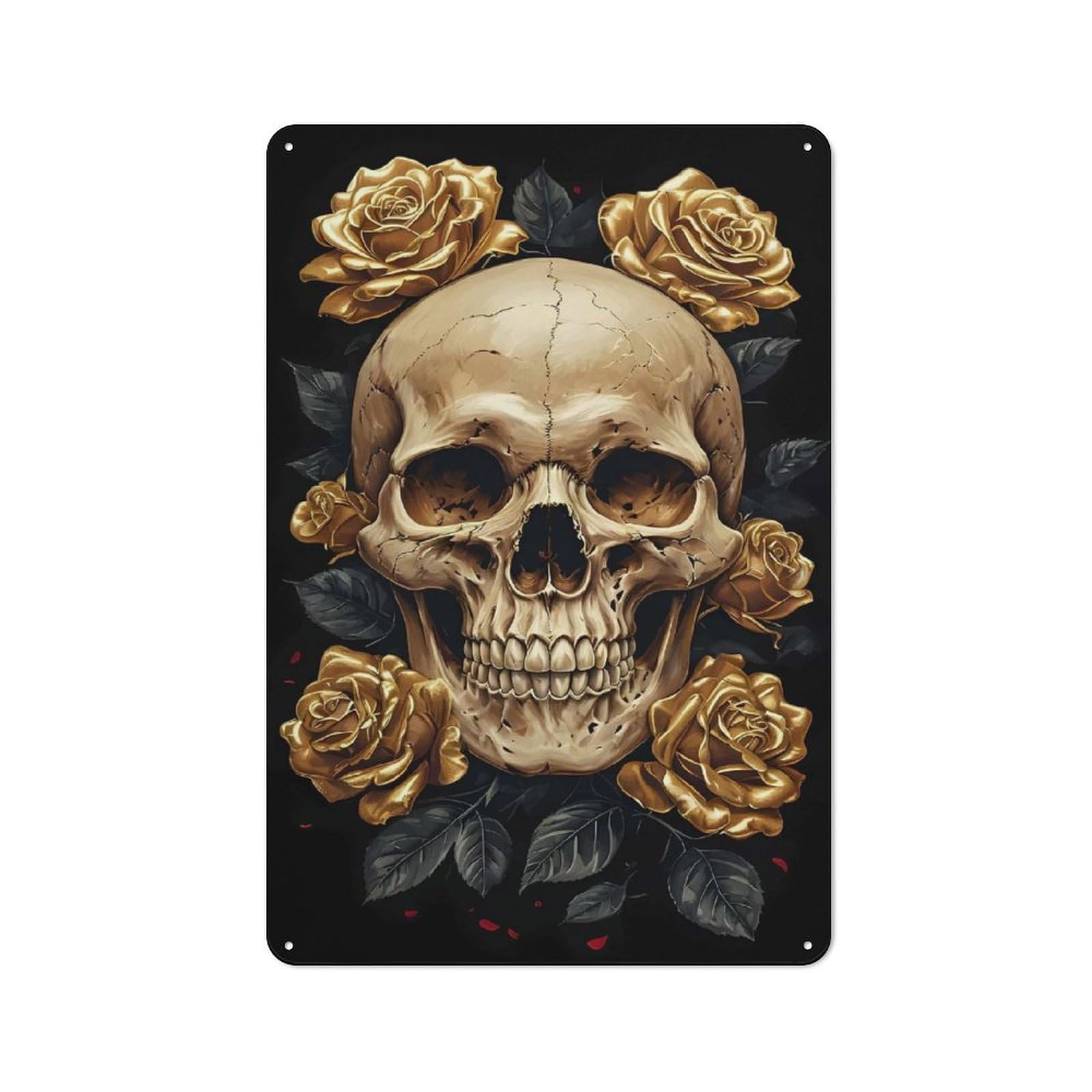 Junmoney Golden Skull With Roses Warehouse Style Metal Wall Decor 30X20cm, Industrial Metal Sign For Workspace, Cafe, Hallway Or Garage