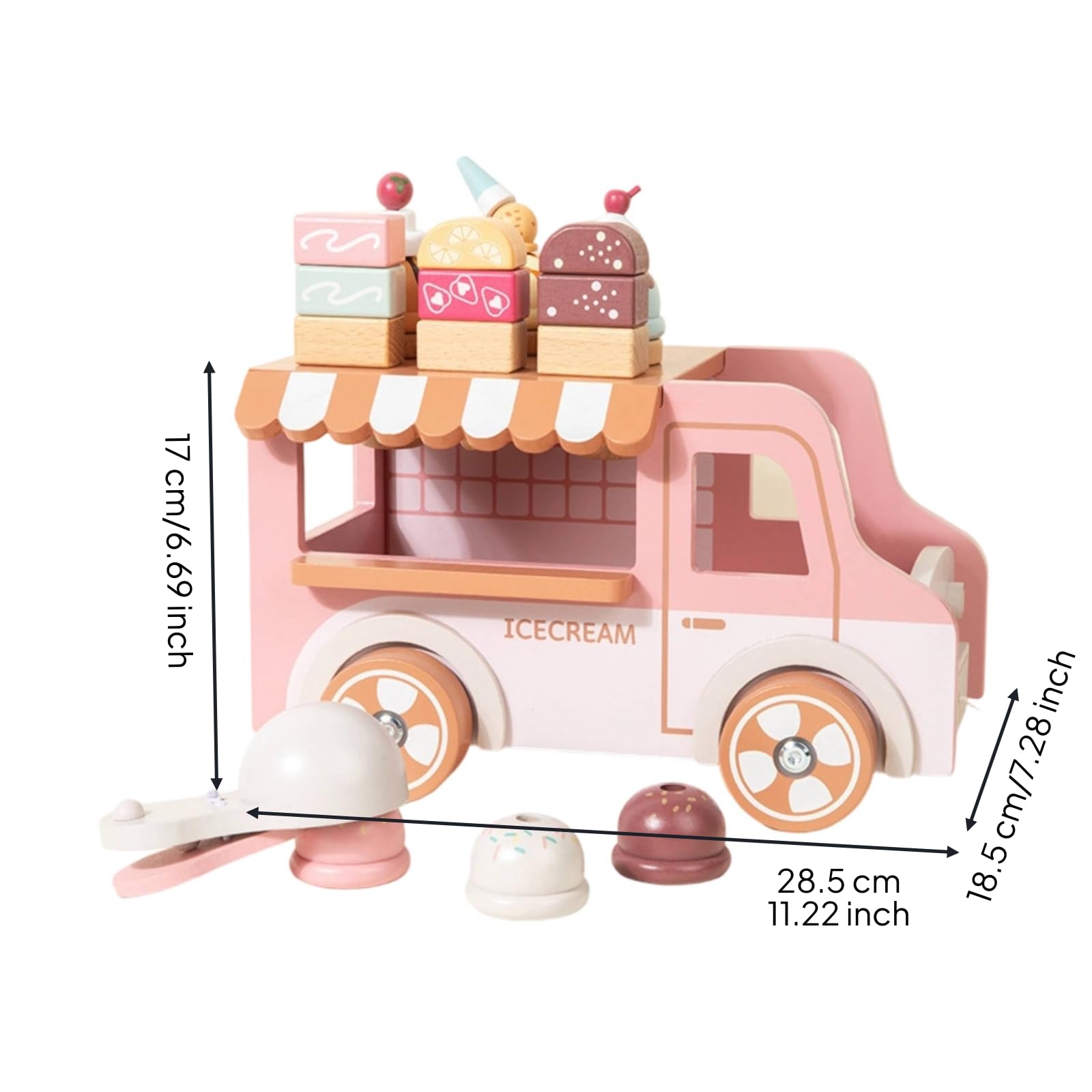 Carrito de Postres de Madera Juguete Camión Infantil Vehículo de Juego Cuerda para Tirar Bola de Madera Toldo a Rayas Helados Impresos Adecuado para