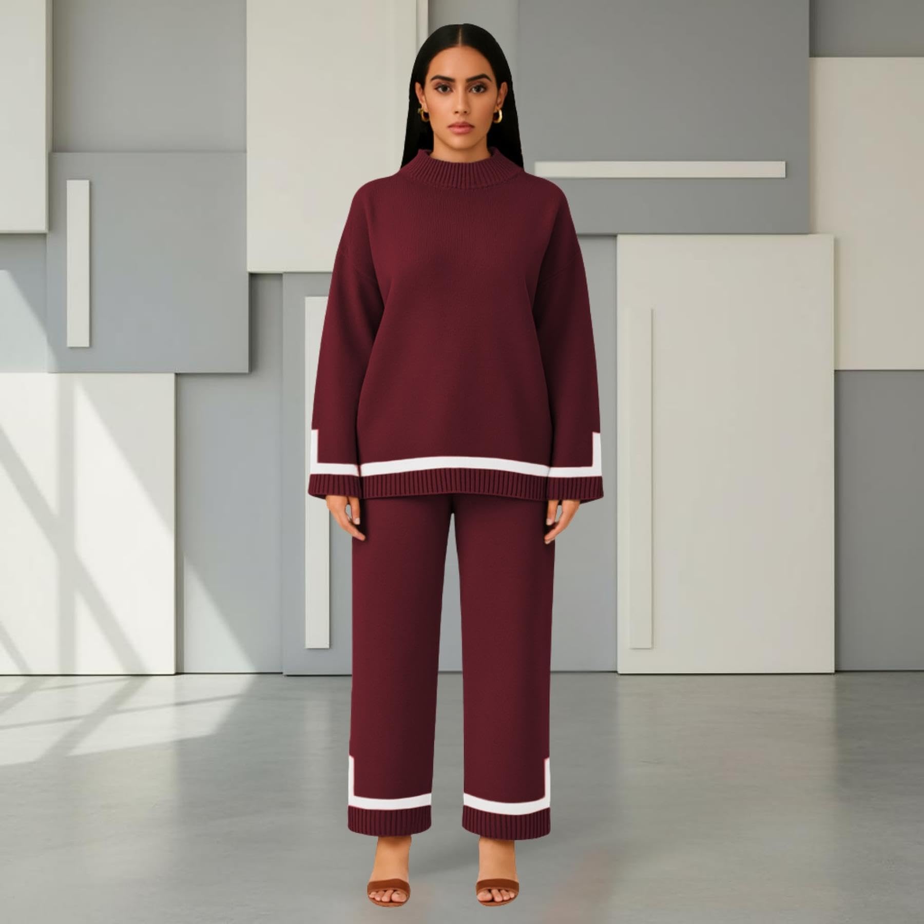 janisramone Set da donna in maglia Co Ord, maglione girocollo a maniche lunghe con pantaloni larghi in vita elasticizzata, set da 2 pezzi per il tempo libero da donna, elegante tuta da donna