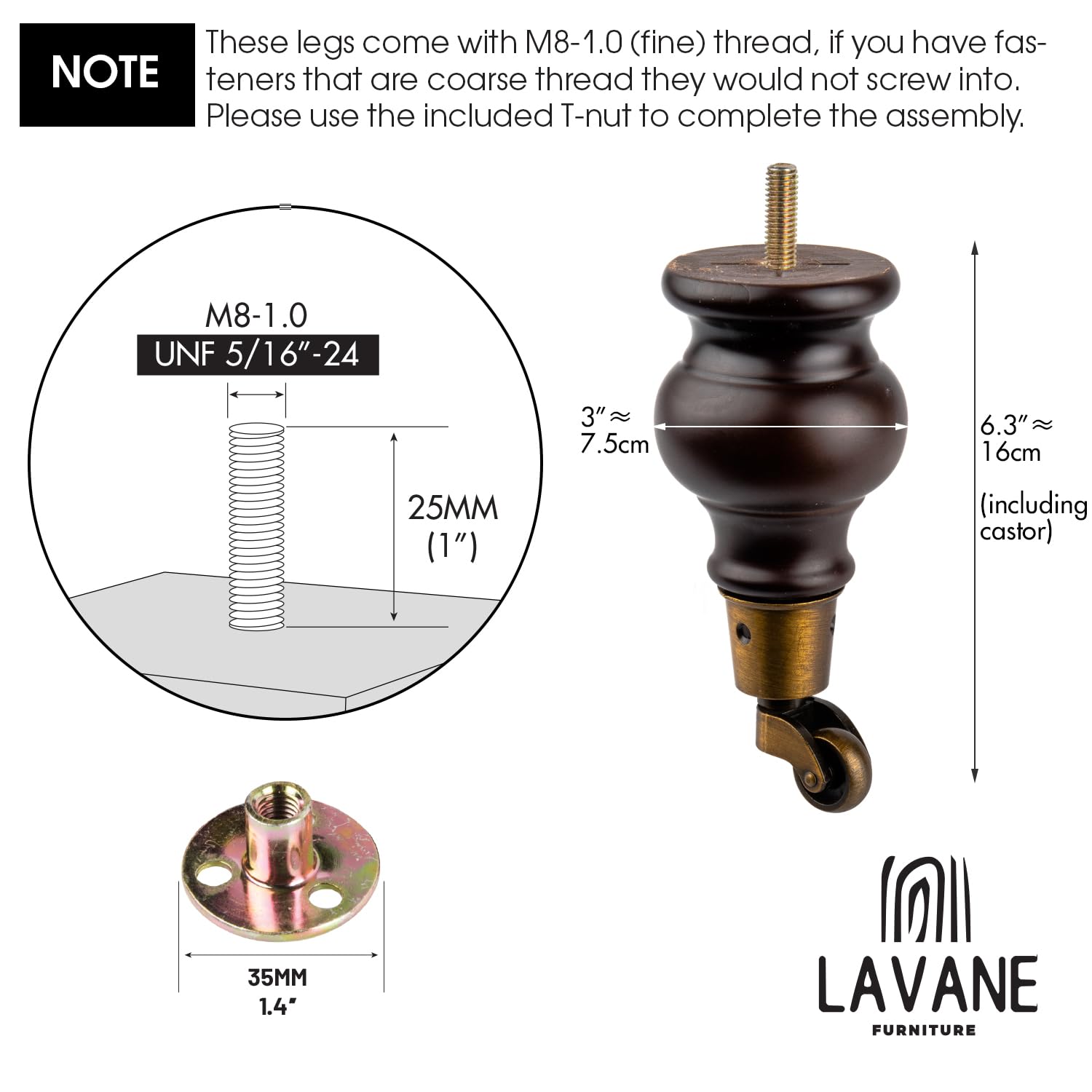 La Vane 6.5 inch Wooden Furniture Legs with Castor - Image 4