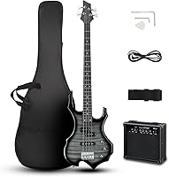 Vista 11 de Ktaxon Juego de bajo eléctrico de tamaño completo con diseño de llama con amplificador de 20 W, bolsa de bajo portátil, cable de amplificador Negro