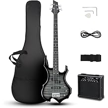 Ktaxon Electric Bass Guitar Full Size Flame Design Bass Set with 20 Watt Amplifier, Portable Bass Bag, Superior Amp Wire, Adjustable Guitar Strap, Plectrum, Wrench Tool(Tiger Stripes)
