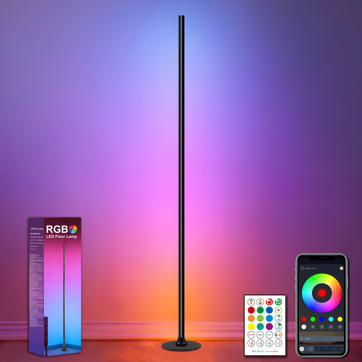 Lámpara de Pie LED 1 Piezas,1.2 m,RGB Regulable Lámpara de Pie con Control Remoto y APP,Sinc Musica,16 Millones de Colores,234 Modos Dinámicos,Luz de Esquina para Salon,Dormitorio,Juegos,Negro