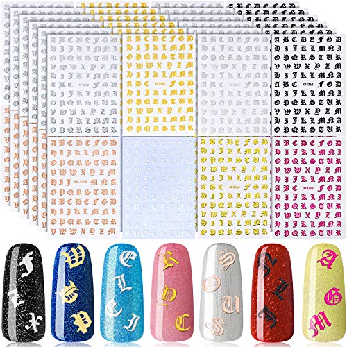 48 Sheets Holographic Letter Nail Art Sticker Old English Alphabet Nail Art Sticker Gummed Adhesive Letter Nail Decal for Women Girls Salon Home DIY Nail Decoration, 8 Styles