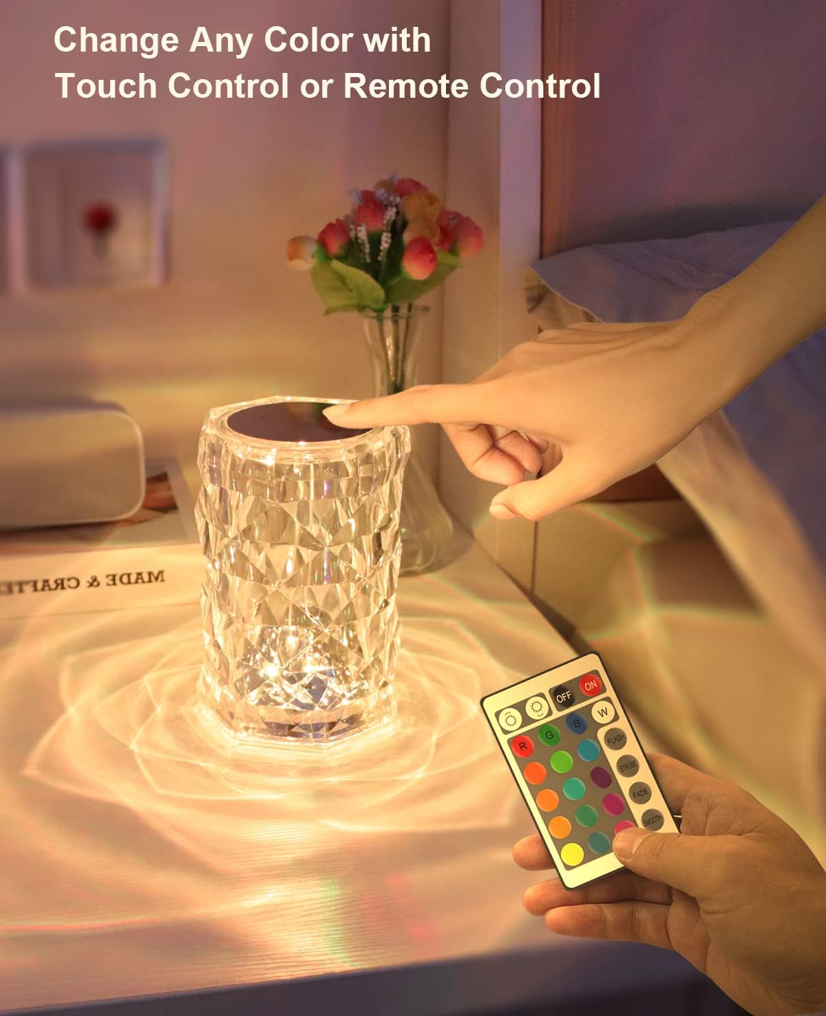 Crystal Lamp, Touch Control Rose Crystal Table Lamp with 16 RGB Color Changing Dimmable Night Light, LED Lamps for Bedroom with Type C Port & Remote, Gift for Kids Teens Girls Boys Adults Lover