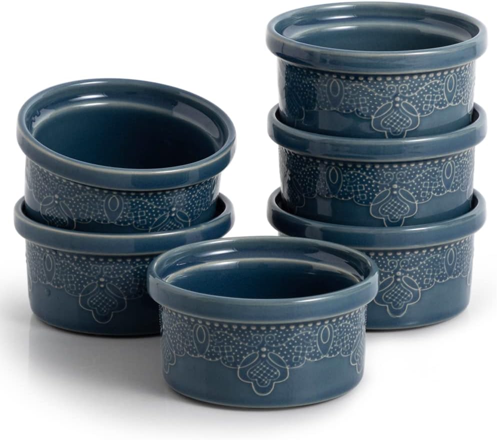– FE Ceramic Ramekins, Souffle Dishes, Lace Embossed Creme Brulee Dishes, 240 ml for Soufflé, Cupcakes and Pudding, Set of 6, Blue